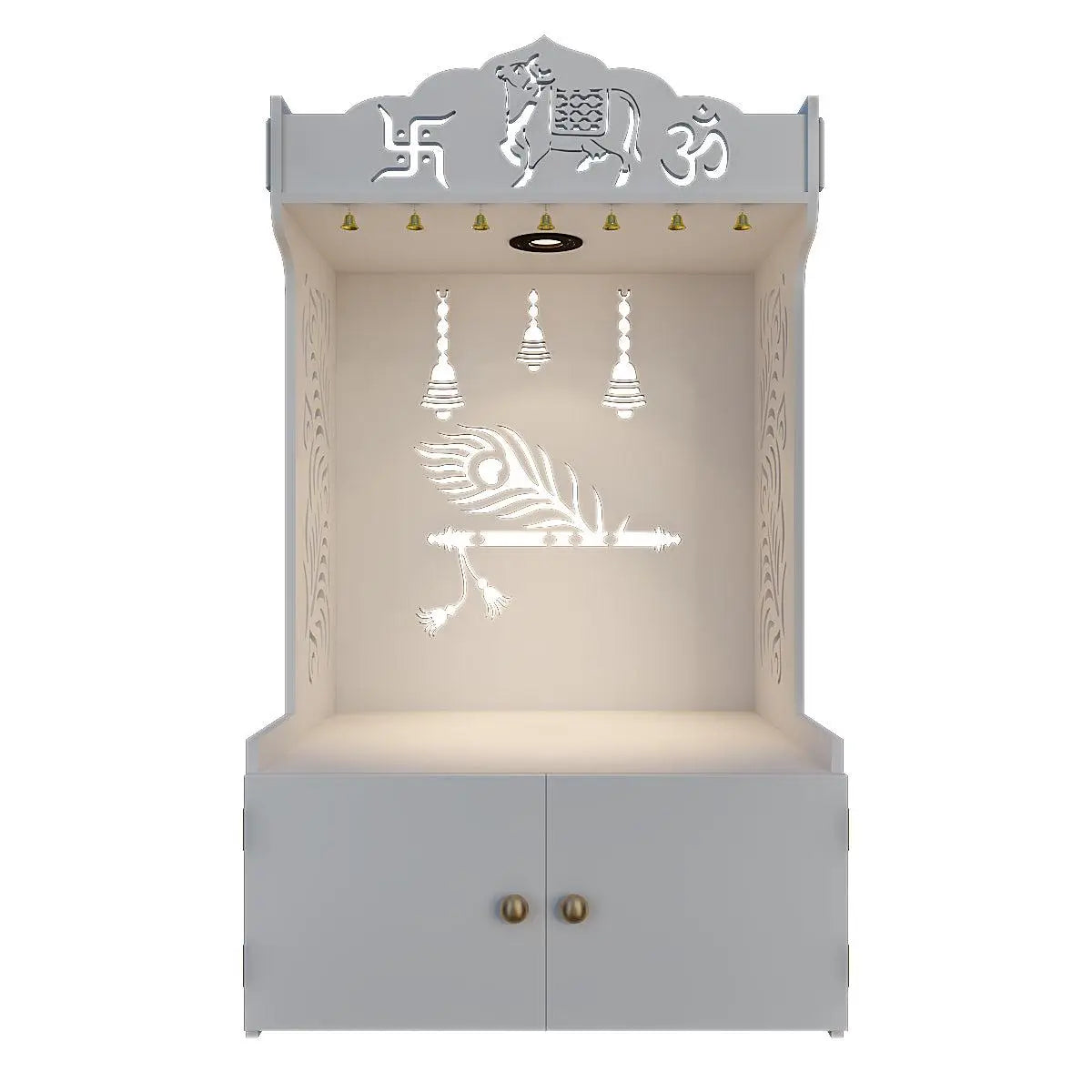 Gracious Mor Pankh Wooden Temple With Spacious Shelf & Inbuilt Focus Light - White Color