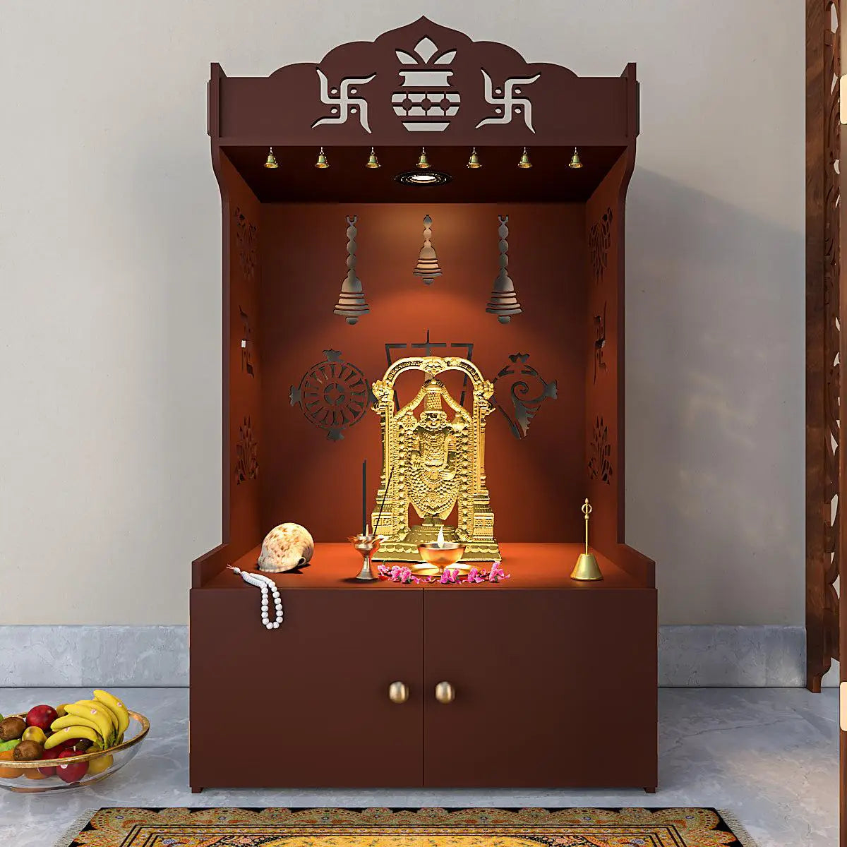 Auspicious Design Wooden Temple with Spacious Shelf & Inbuilt Focus Light - Brown Finish