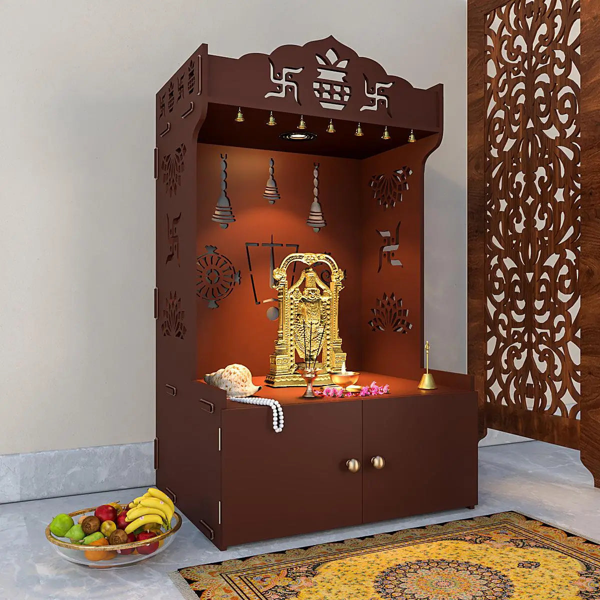 Auspicious Design Wooden Temple with Spacious Shelf & Inbuilt Focus Light - Brown Finish