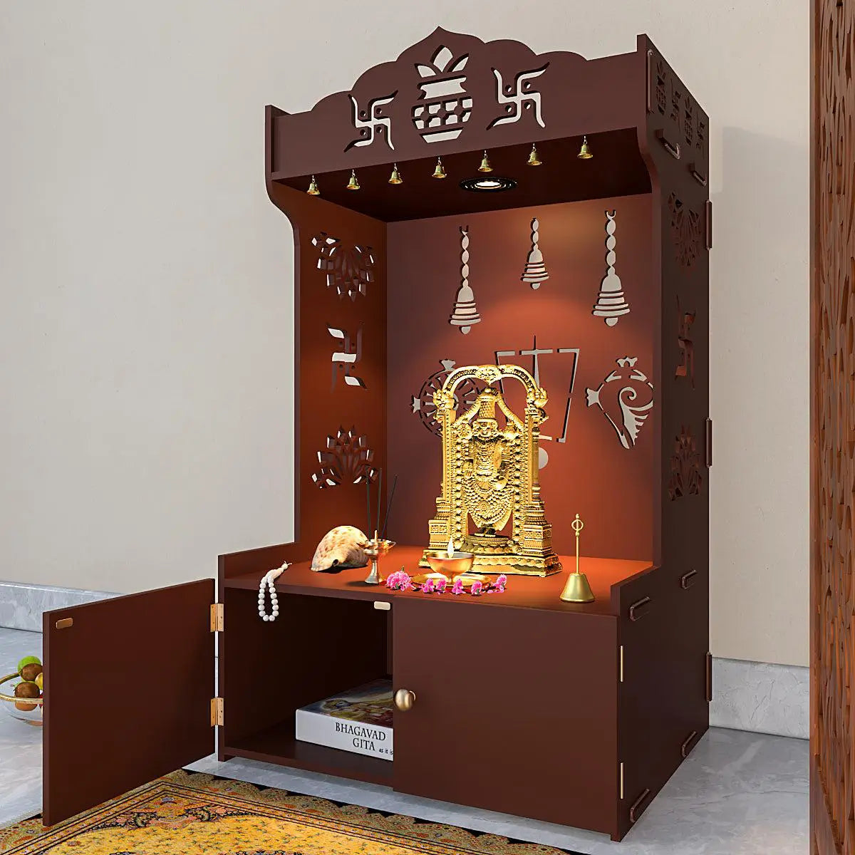 Auspicious Design Wooden Temple with Spacious Shelf & Inbuilt Focus Light - Brown Finish