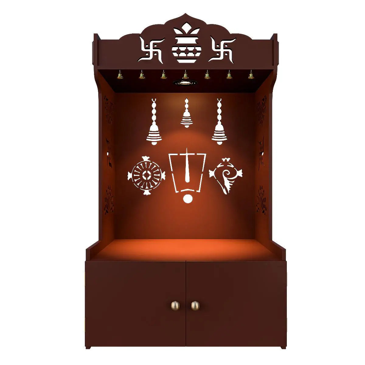Auspicious Design Wooden Temple with Spacious Shelf & Inbuilt Focus Light - Brown Finish