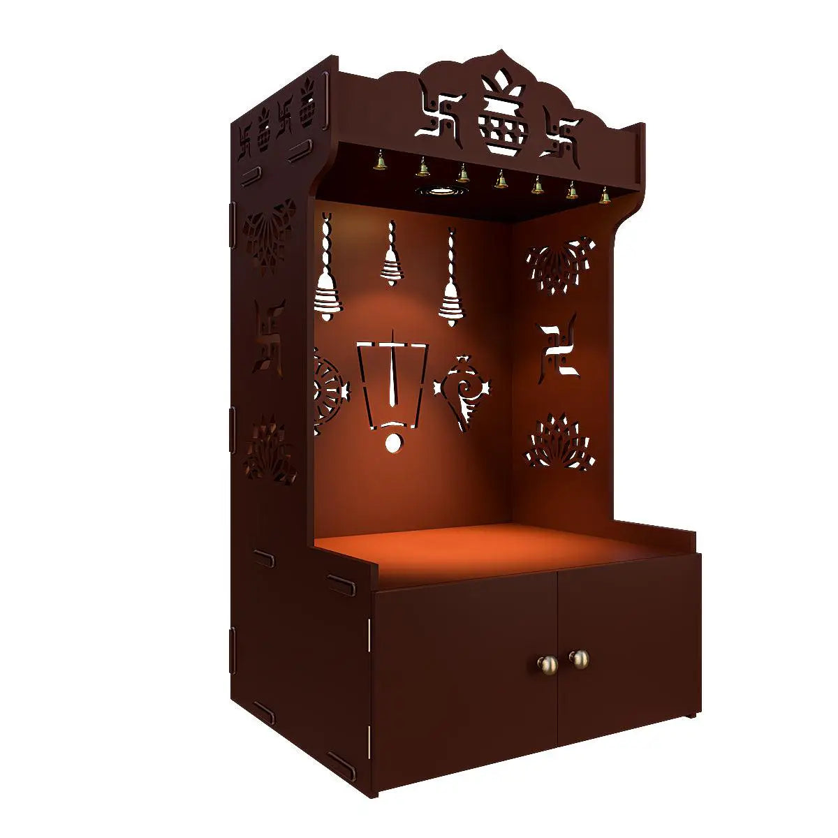 Auspicious Design Wooden Temple with Spacious Shelf & Inbuilt Focus Light - Brown Finish