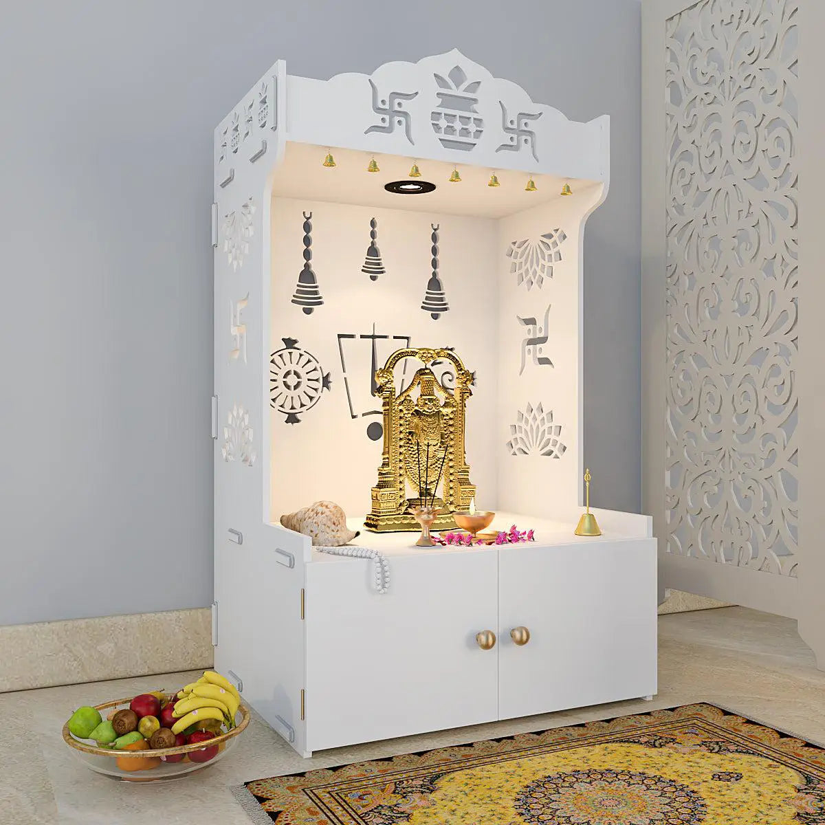 Auspicious Design Wooden Temple With Spacious Shelf & Inbuilt Focus Light - White Color