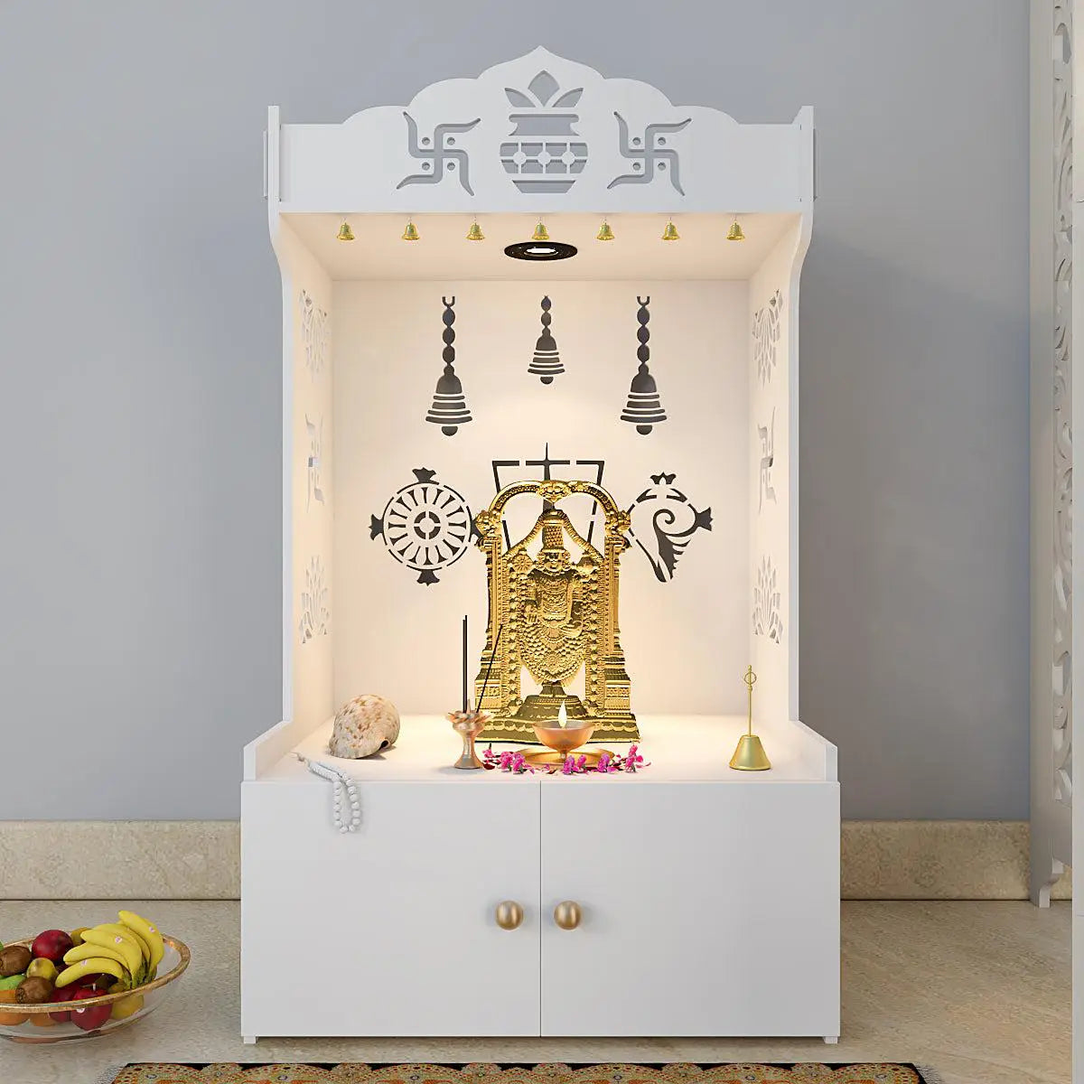 Auspicious Design Wooden Temple With Spacious Shelf & Inbuilt Focus Light - White Color