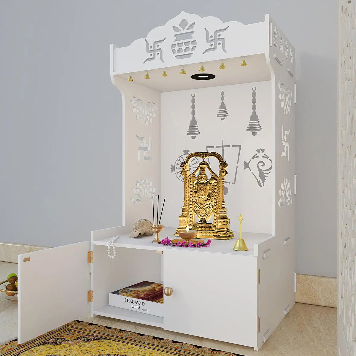 Auspicious Design Wooden Temple With Spacious Shelf & Inbuilt Focus Light - White Color