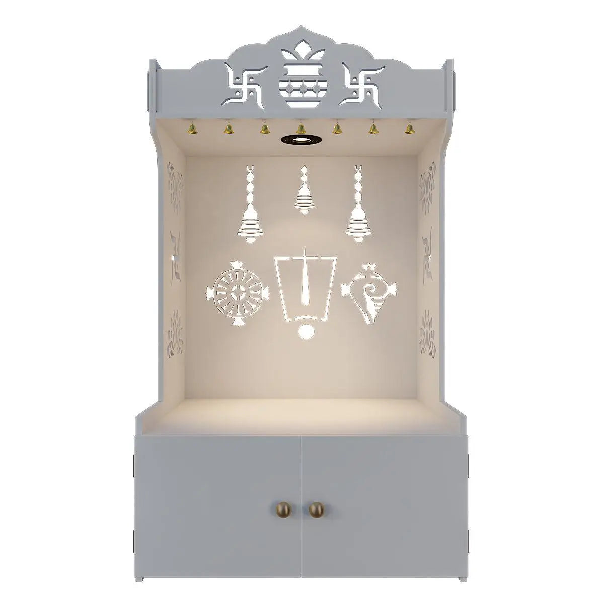 Auspicious Design Wooden Temple With Spacious Shelf & Inbuilt Focus Light - White Color
