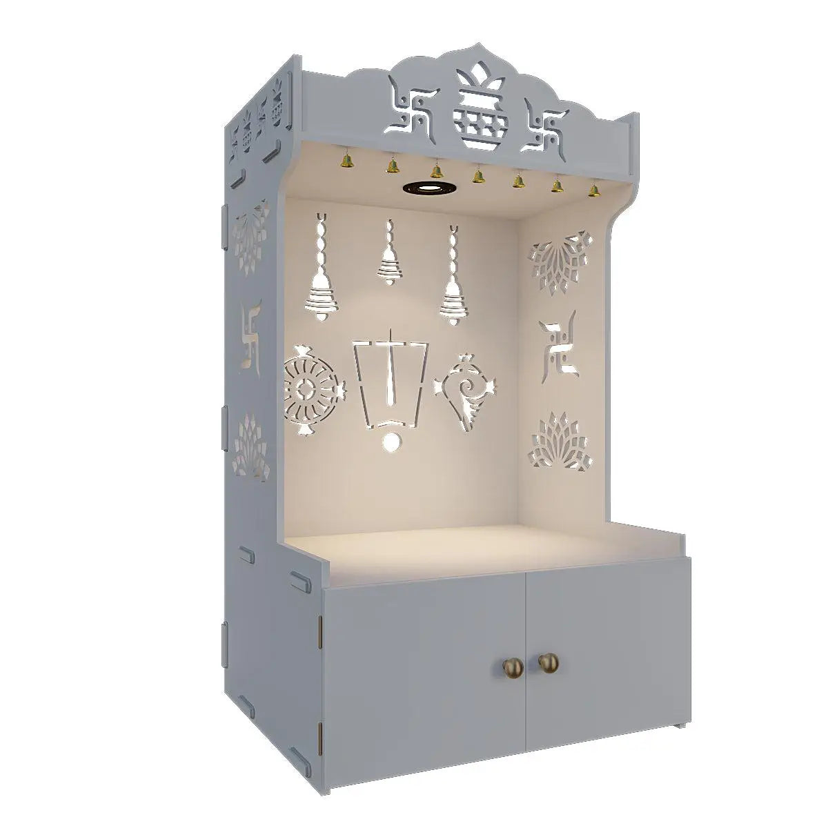 Auspicious Design Wooden Temple With Spacious Shelf & Inbuilt Focus Light - White Color