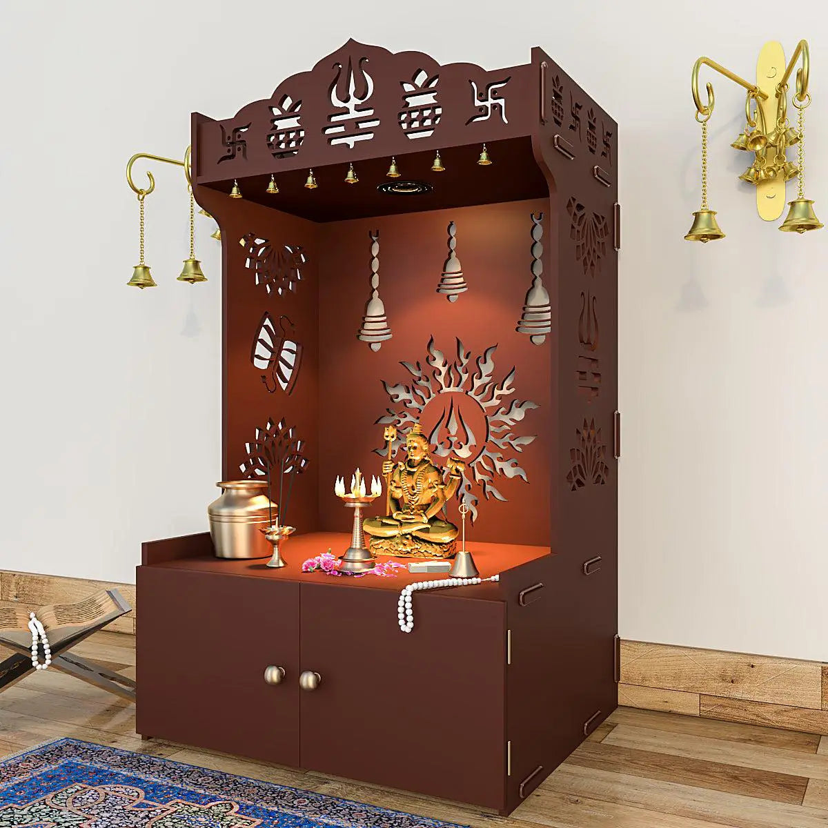 Radiance of Surya Chakra Wooden Home Temple with Spacious Shelf & Inbuilt Focus Light - Brown Finish