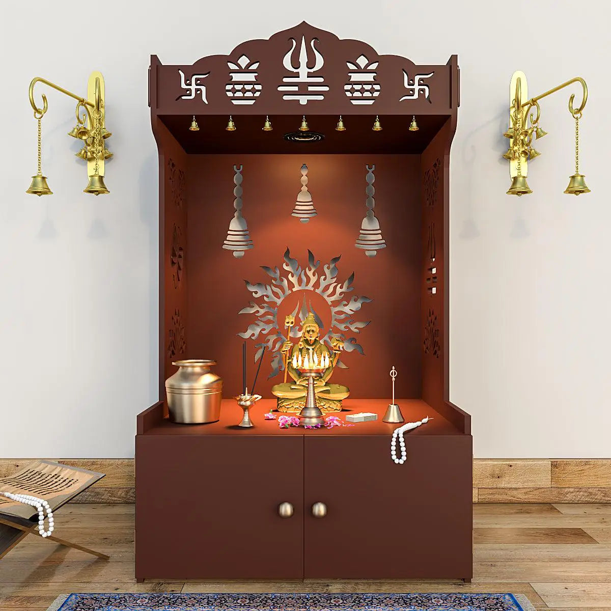 Radiance of Surya Chakra Wooden Home Temple with Spacious Shelf & Inbuilt Focus Light - Brown Finish