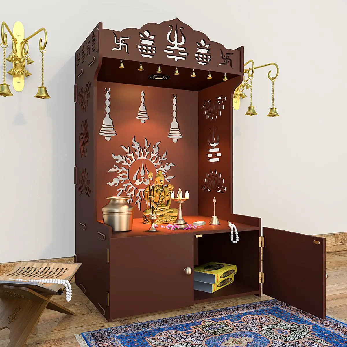 Radiance of Surya Chakra Wooden Home Temple with Spacious Shelf & Inbuilt Focus Light - Brown Finish