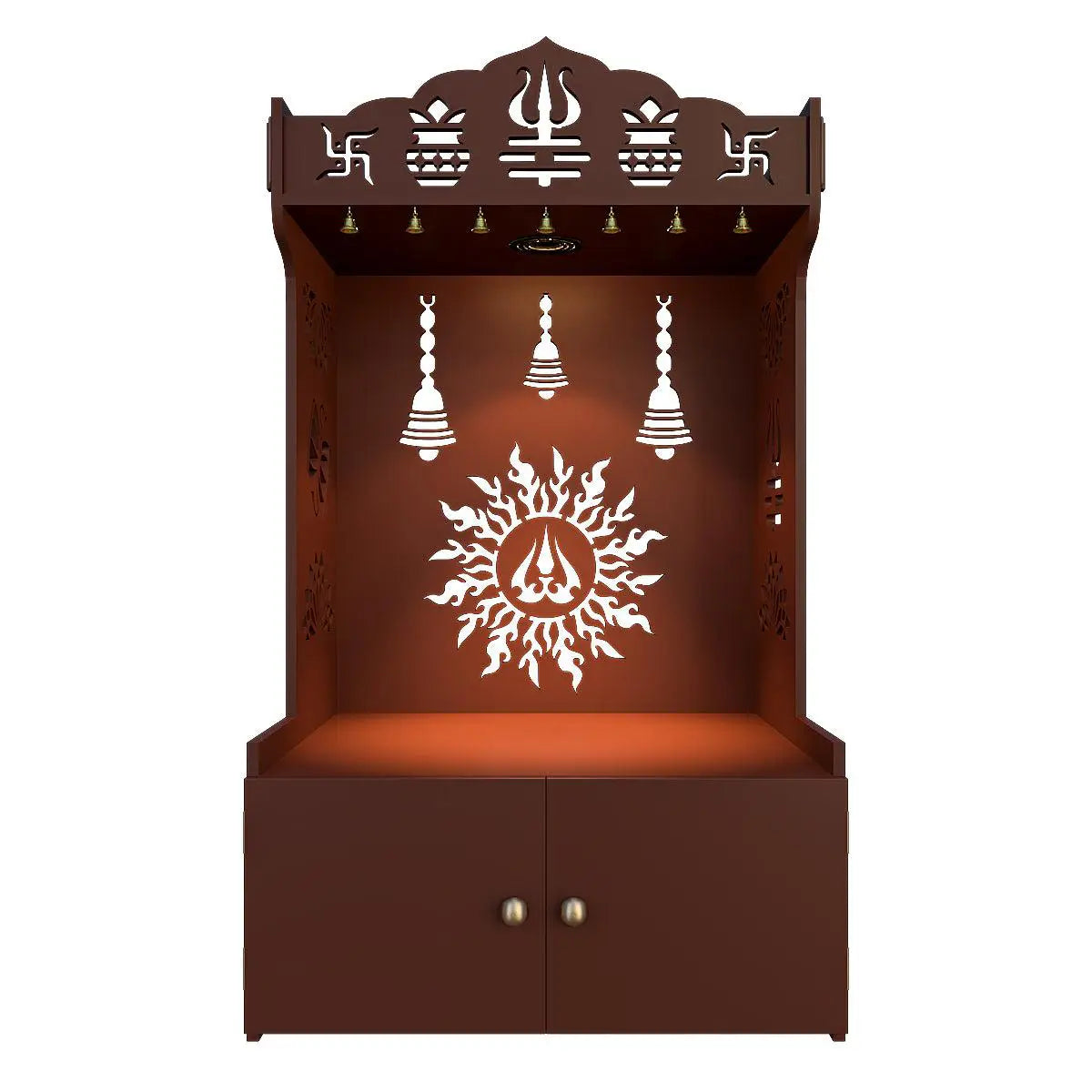 Radiance of Surya Chakra Wooden Home Temple with Spacious Shelf & Inbuilt Focus Light - Brown Finish