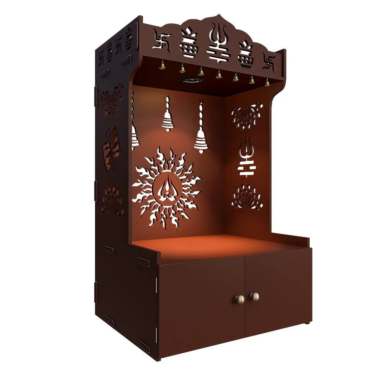 Radiance of Surya Chakra Wooden Home Temple with Spacious Shelf & Inbuilt Focus Light - Brown Finish