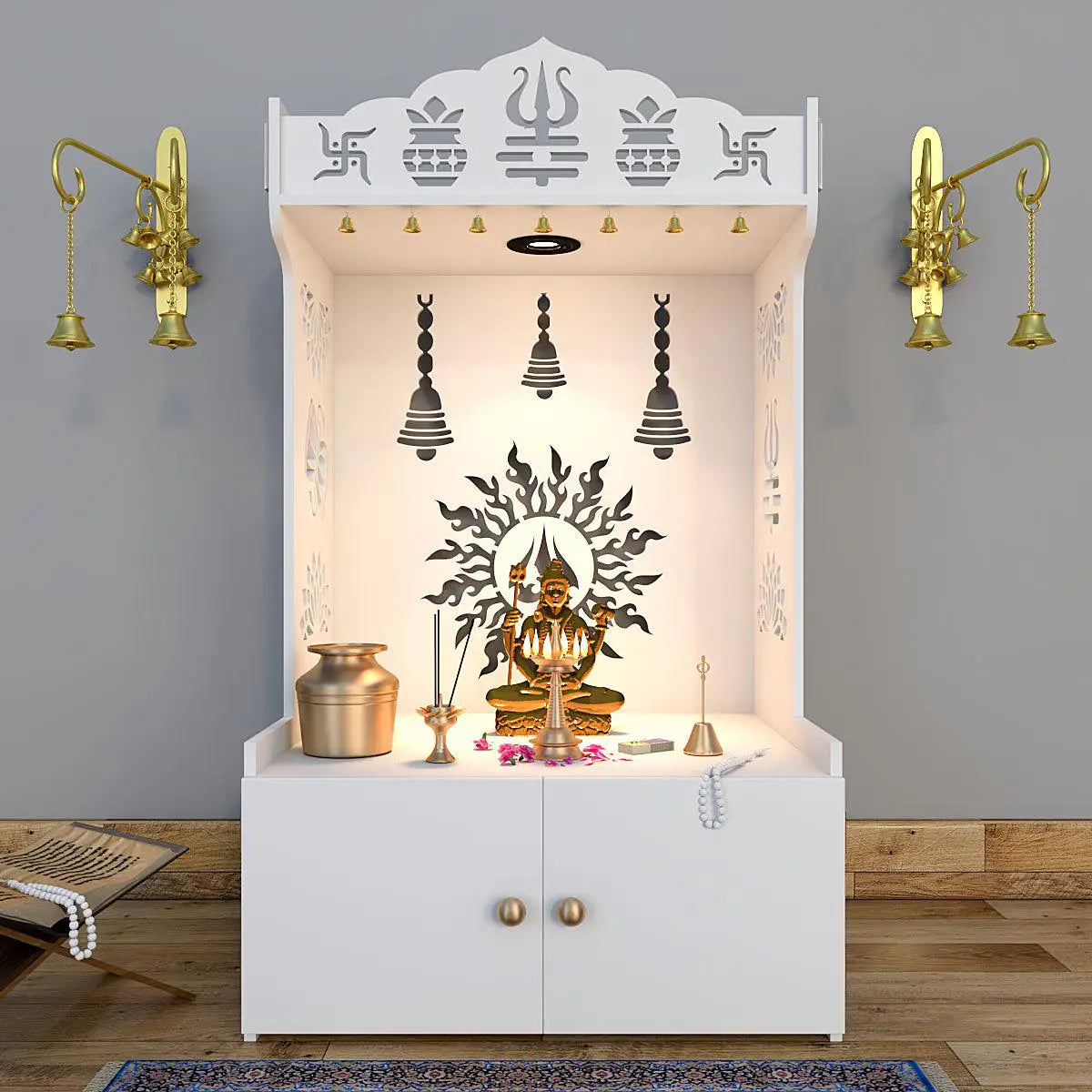 Radiance of Surya Chakra Wooden Home Temple with Spacious Shelf & Inbuilt Focus Light - White Color