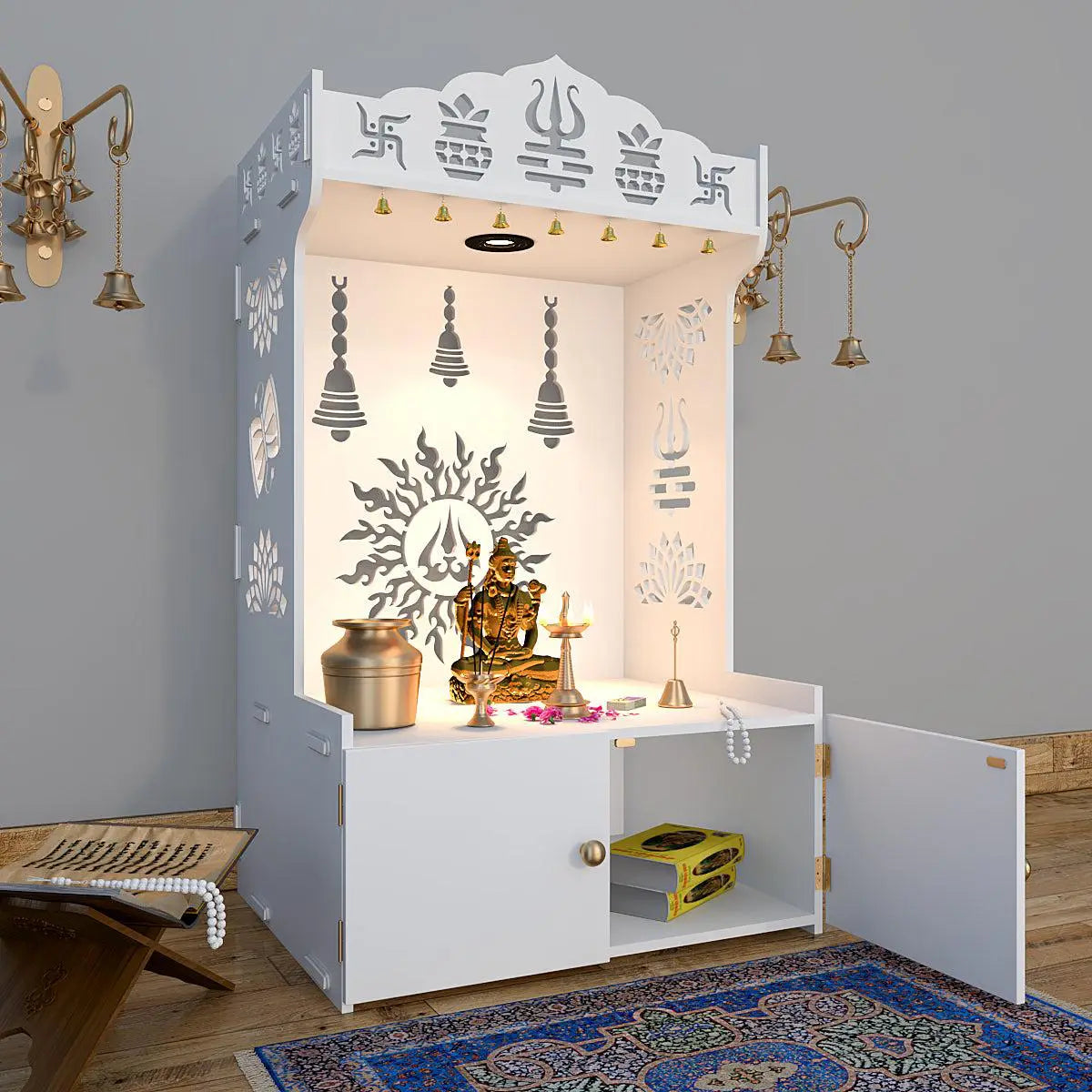 Radiance of Surya Chakra Wooden Home Temple with Spacious Shelf & Inbuilt Focus Light - White Color
