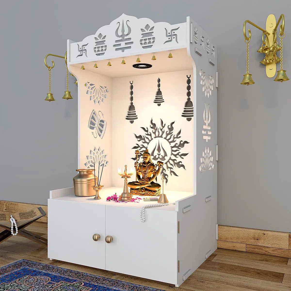 Radiance of Surya Chakra Wooden Home Temple with Spacious Shelf & Inbuilt Focus Light - White Color