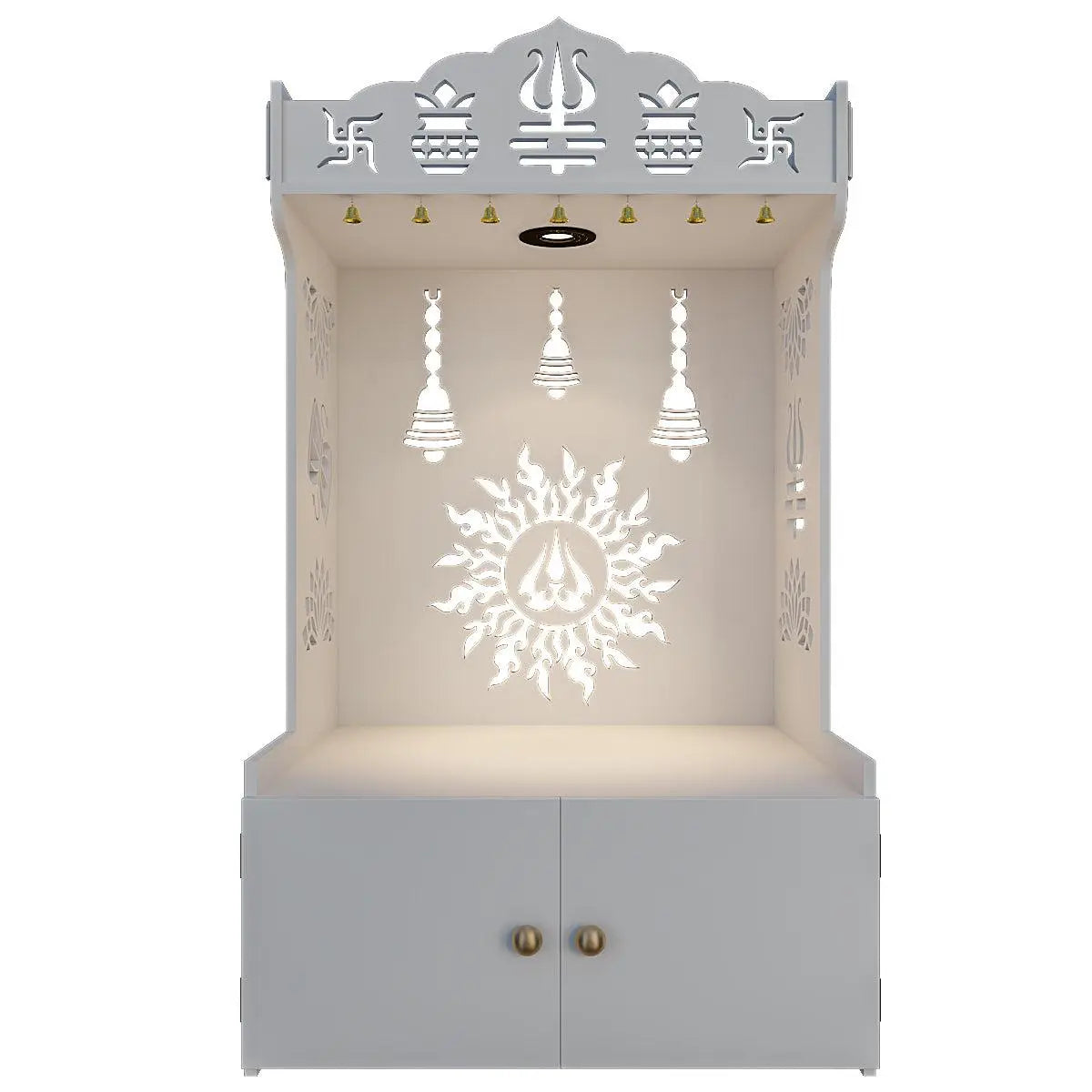 Radiance of Surya Chakra Wooden Home Temple with Spacious Shelf & Inbuilt Focus Light - White Color