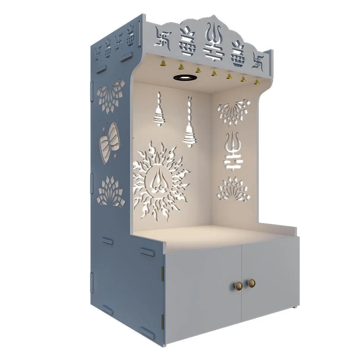 Radiance of Surya Chakra Wooden Home Temple with Spacious Shelf & Inbuilt Focus Light - White Color