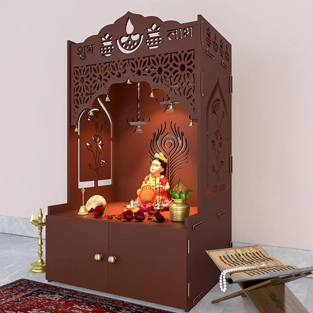 Auspicious Design Wooden Temple with Spacious Shelf & Inbuilt Focus Light - Brown Finish