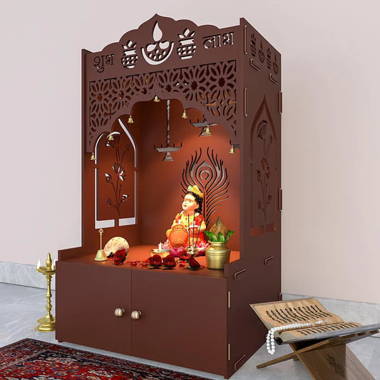 Auspicious Design Wooden Temple with Spacious Shelf & Inbuilt Focus Light - Brown Finish