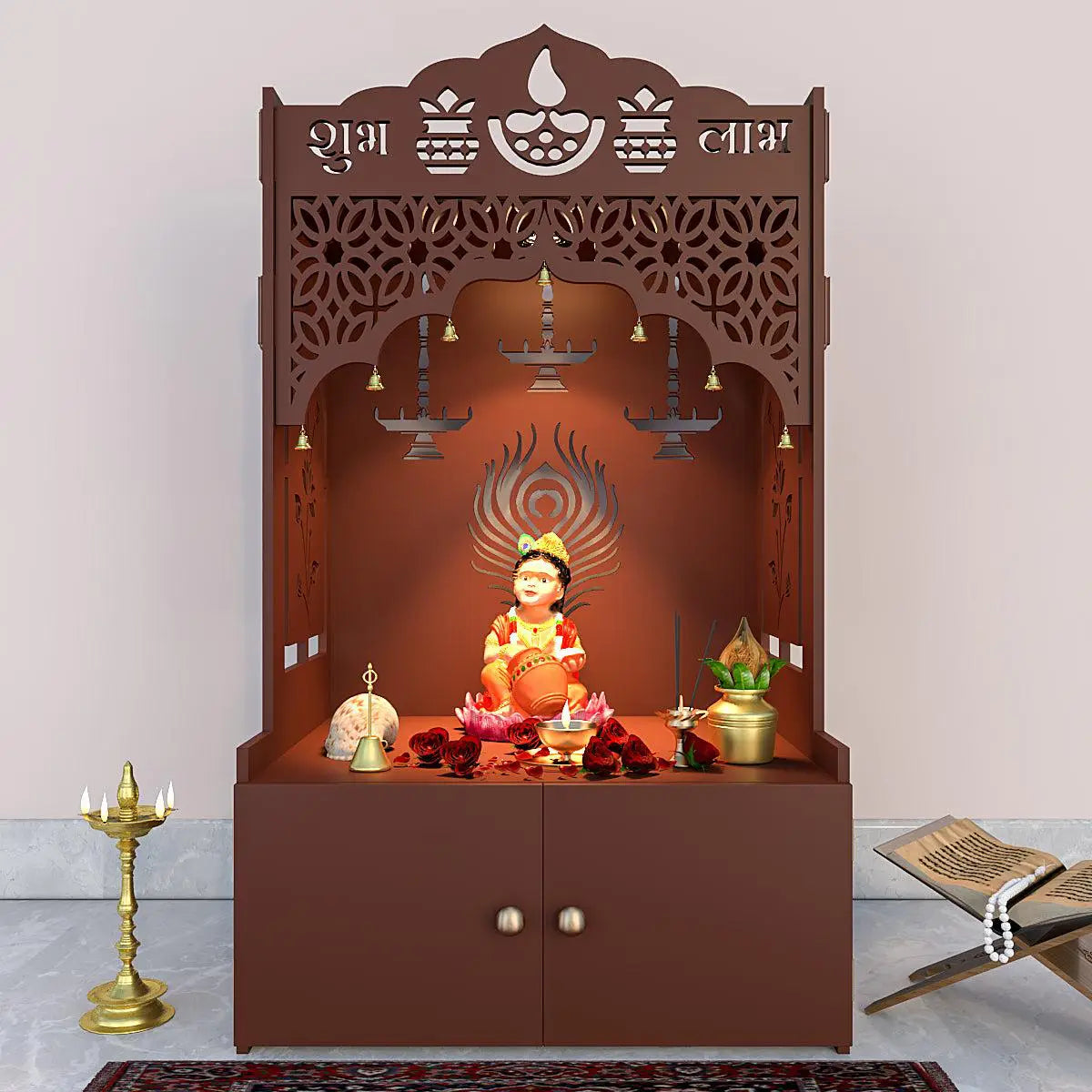 Auspicious Design Wooden Temple with Spacious Shelf & Inbuilt Focus Light - Brown Finish
