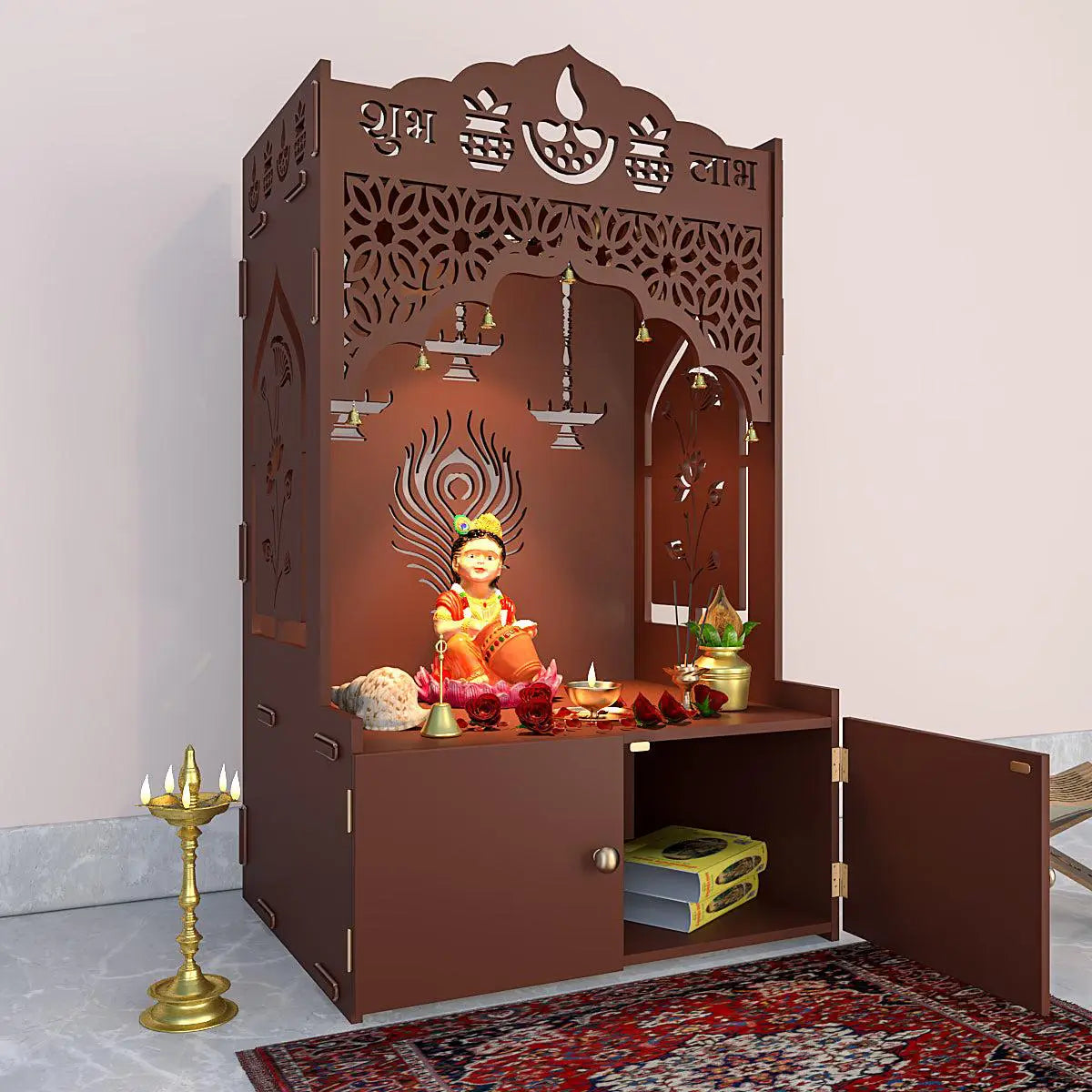 Auspicious Design Wooden Temple with Spacious Shelf & Inbuilt Focus Light - Brown Finish
