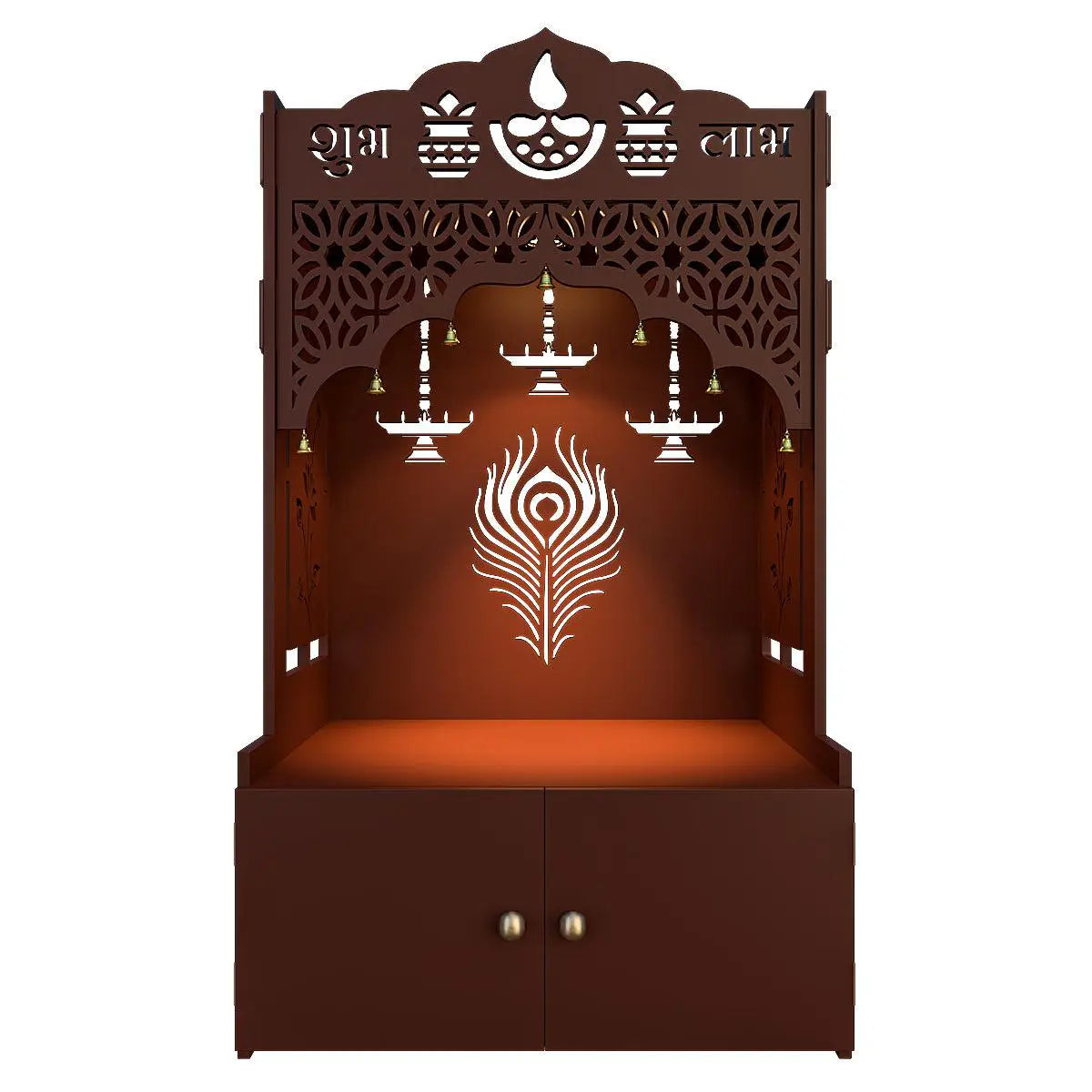 Auspicious Design Wooden Temple with Spacious Shelf & Inbuilt Focus Light - Brown Finish
