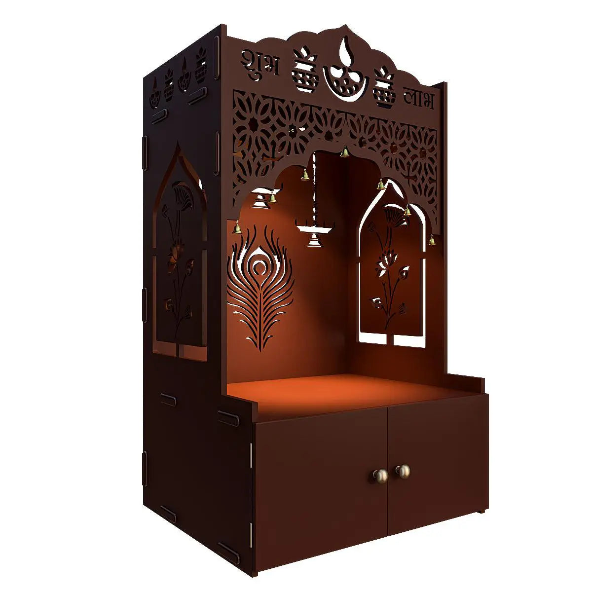 Auspicious Design Wooden Temple with Spacious Shelf & Inbuilt Focus Light - Brown Finish