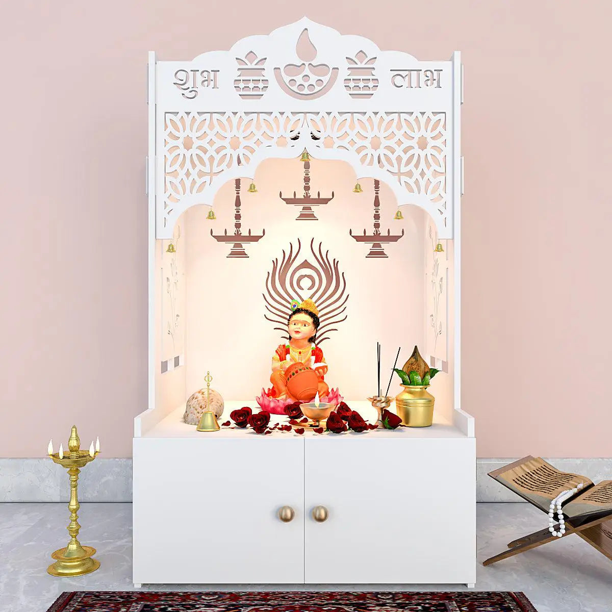Auspicious Design Wooden Temple with Spacious Shelf & Inbuilt Focus Light - White Colour