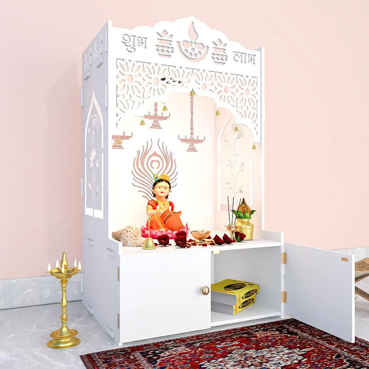 Auspicious Design Wooden Temple with Spacious Shelf & Inbuilt Focus Light - White Colour