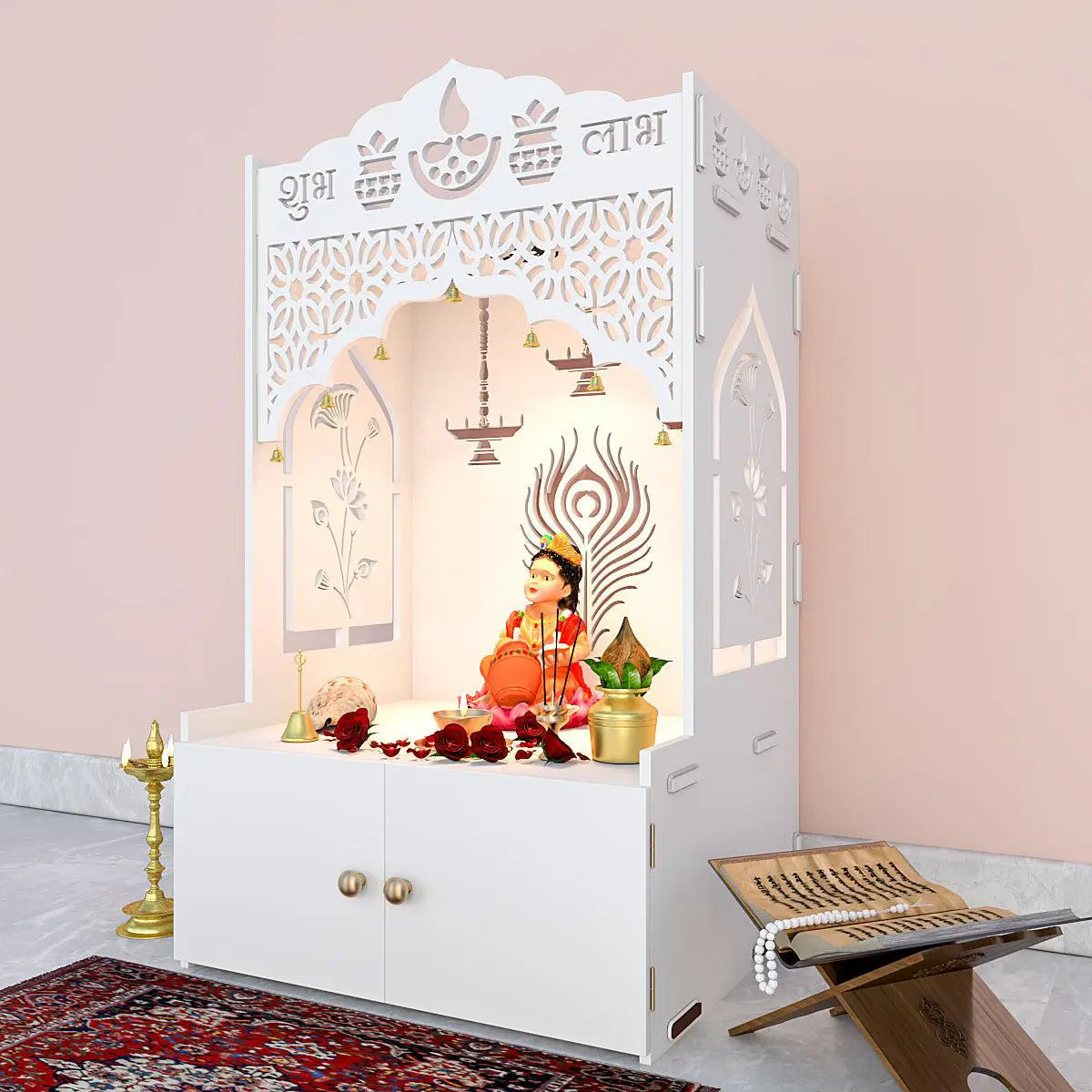 Auspicious Design Wooden Temple with Spacious Shelf & Inbuilt Focus Light - White Colour