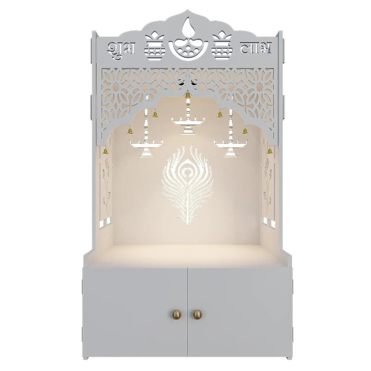 Auspicious Design Wooden Temple with Spacious Shelf & Inbuilt Focus Light - White Colour
