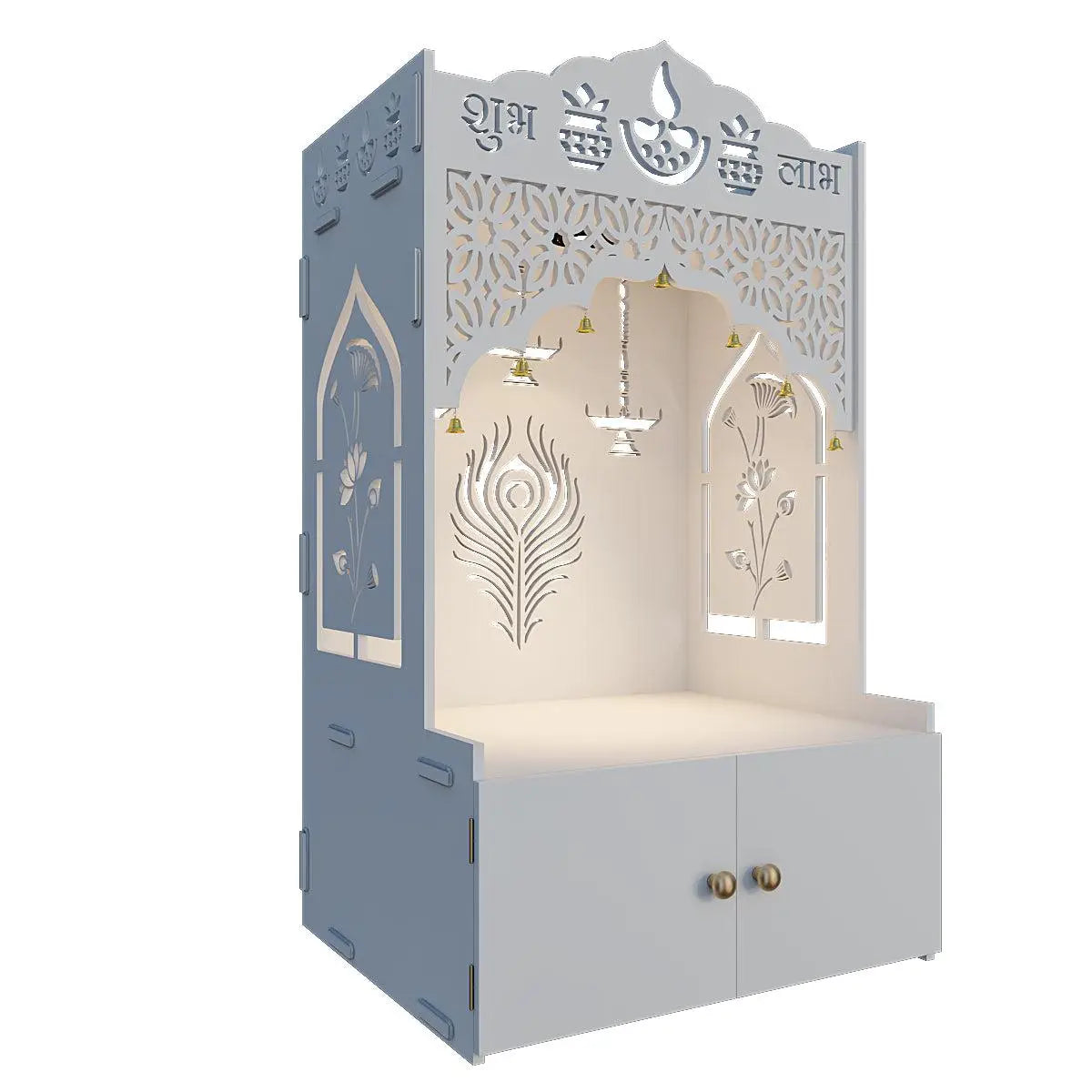 Auspicious Design Wooden Temple with Spacious Shelf & Inbuilt Focus Light - White Colour