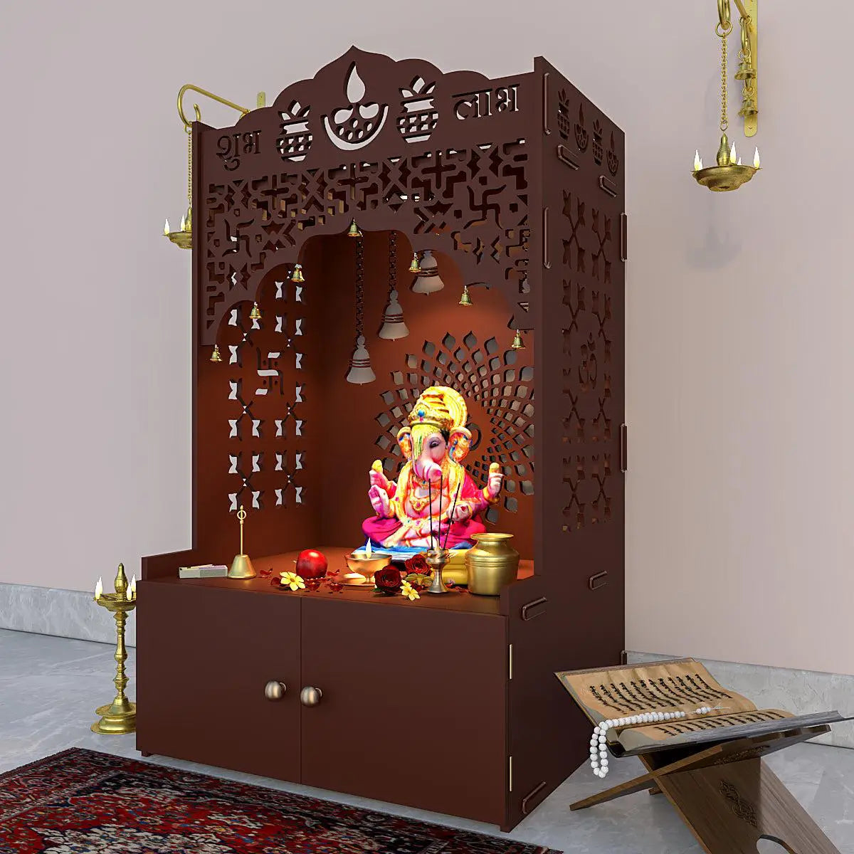 Divine Wooden Temple for Serenity with Spacious Shelf & Inbuilt Focus Light - Brown Finish