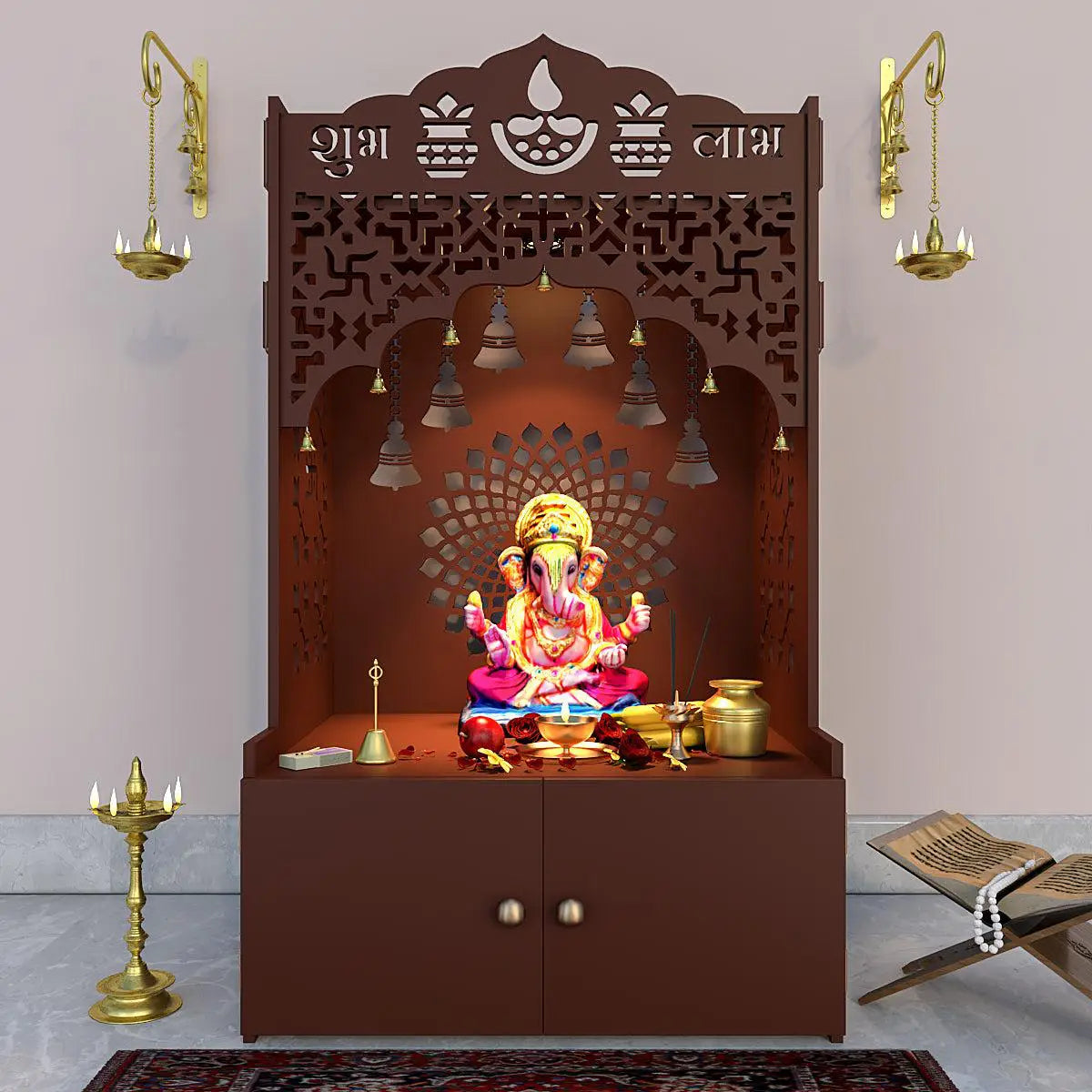 Divine Wooden Temple for Serenity with Spacious Shelf & Inbuilt Focus Light - Brown Finish
