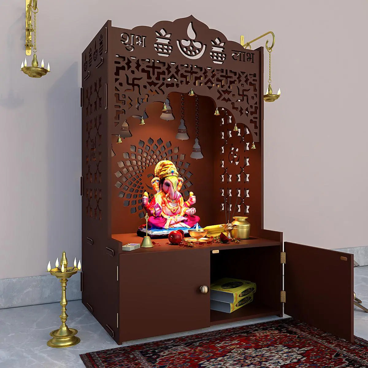 Divine Wooden Temple for Serenity with Spacious Shelf & Inbuilt Focus Light - Brown Finish