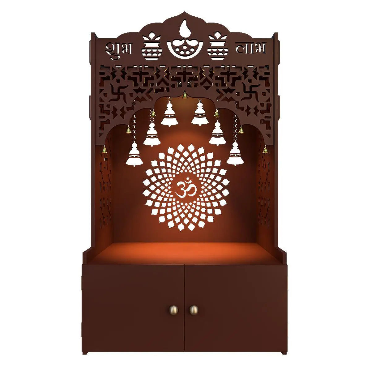 Divine Wooden Temple for Serenity with Spacious Shelf & Inbuilt Focus Light - Brown Finish