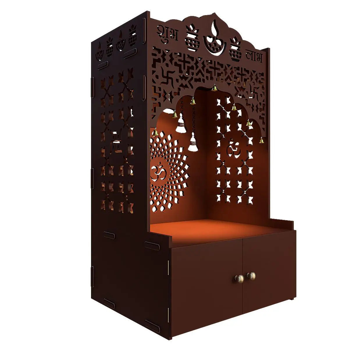 Divine Wooden Temple for Serenity with Spacious Shelf & Inbuilt Focus Light - Brown Finish