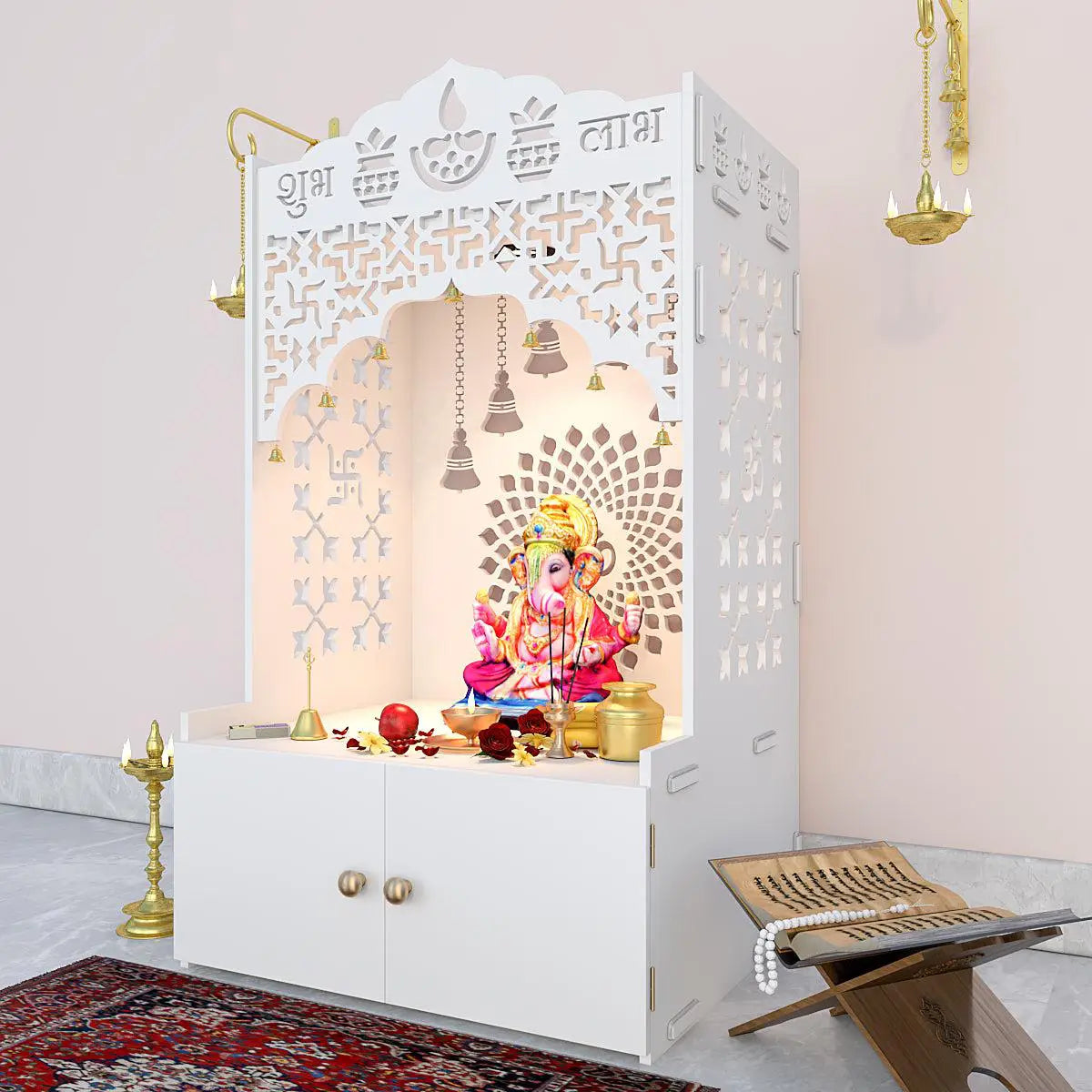 Divine Wooden Temple for Serenity With Spacious Shelf & Inbuilt Focus Light - White Color