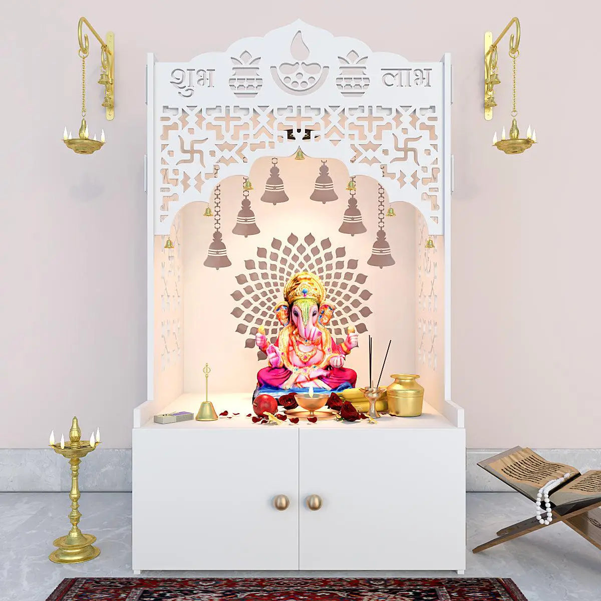 Divine Wooden Temple for Serenity With Spacious Shelf & Inbuilt Focus Light - White Color