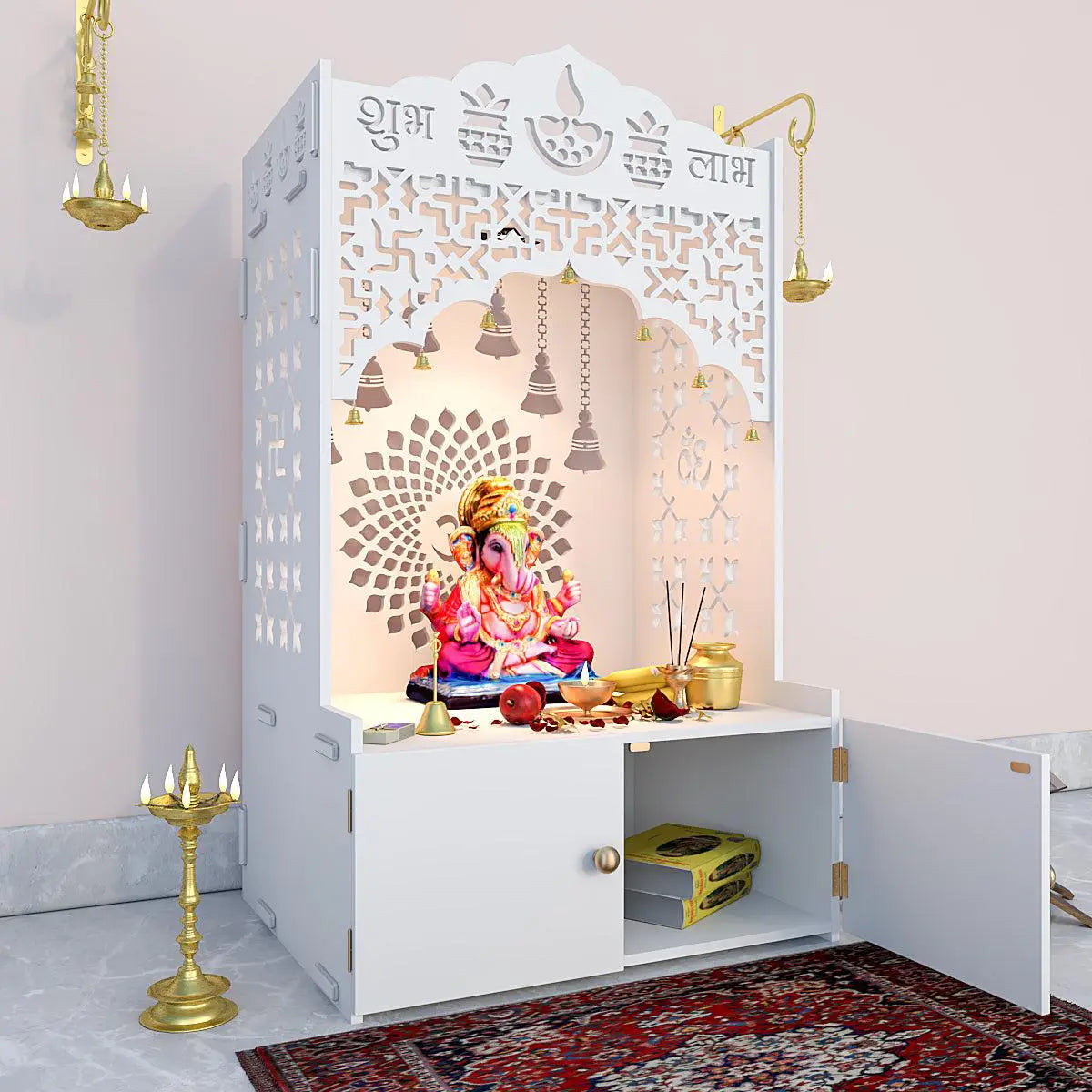 Divine Wooden Temple for Serenity With Spacious Shelf & Inbuilt Focus Light - White Color