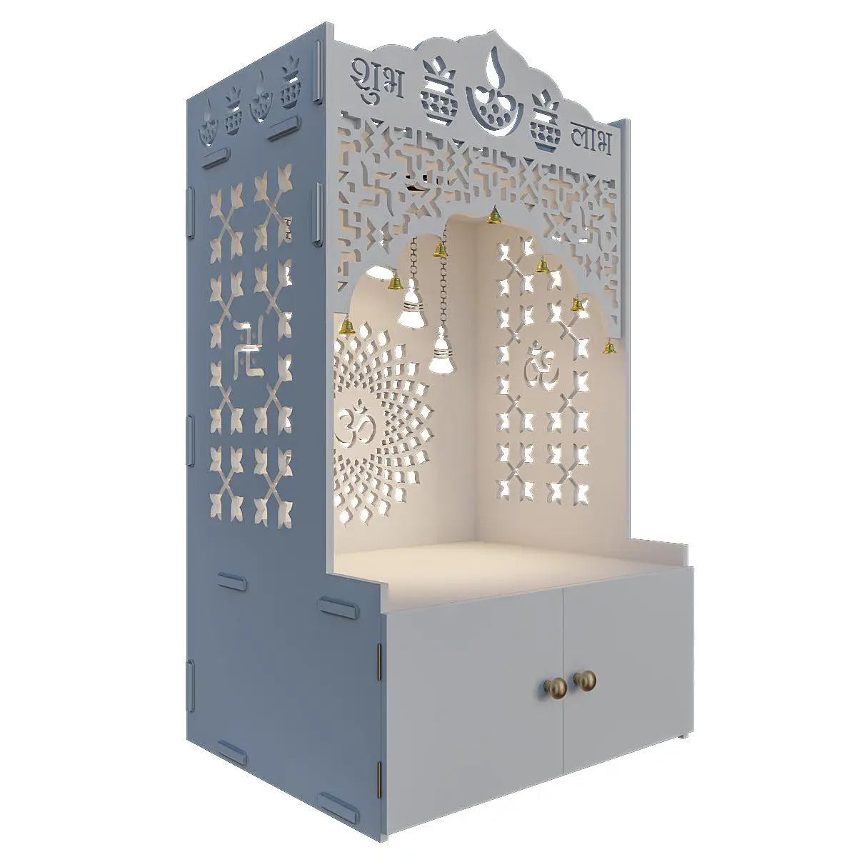 Divine Wooden Temple for Serenity With Spacious Shelf & Inbuilt Focus Light - White Color