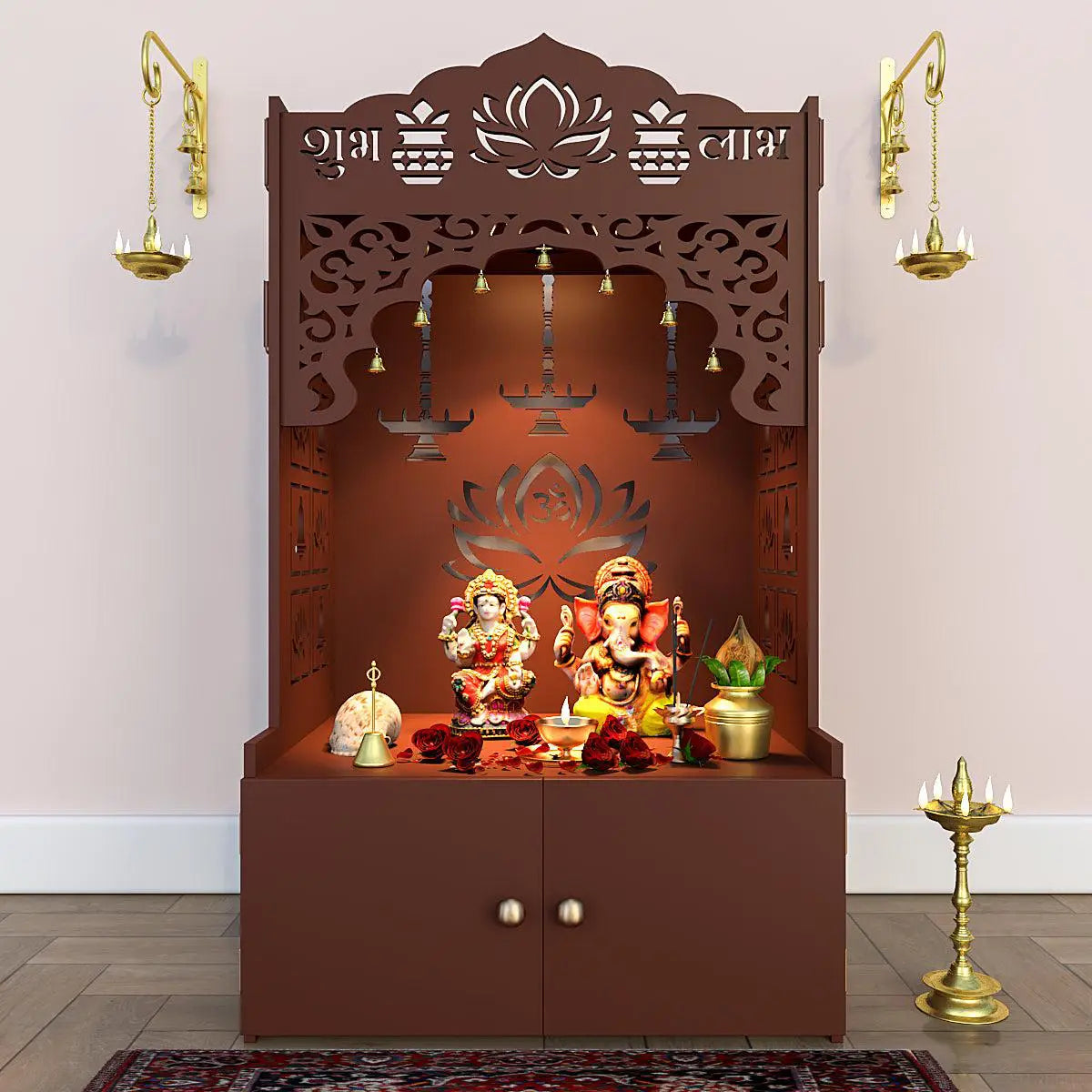 Lotus Tranquility Brown Finish Wooden Temple for Home with Inbuilt Focus Lights & Spacious Shelf