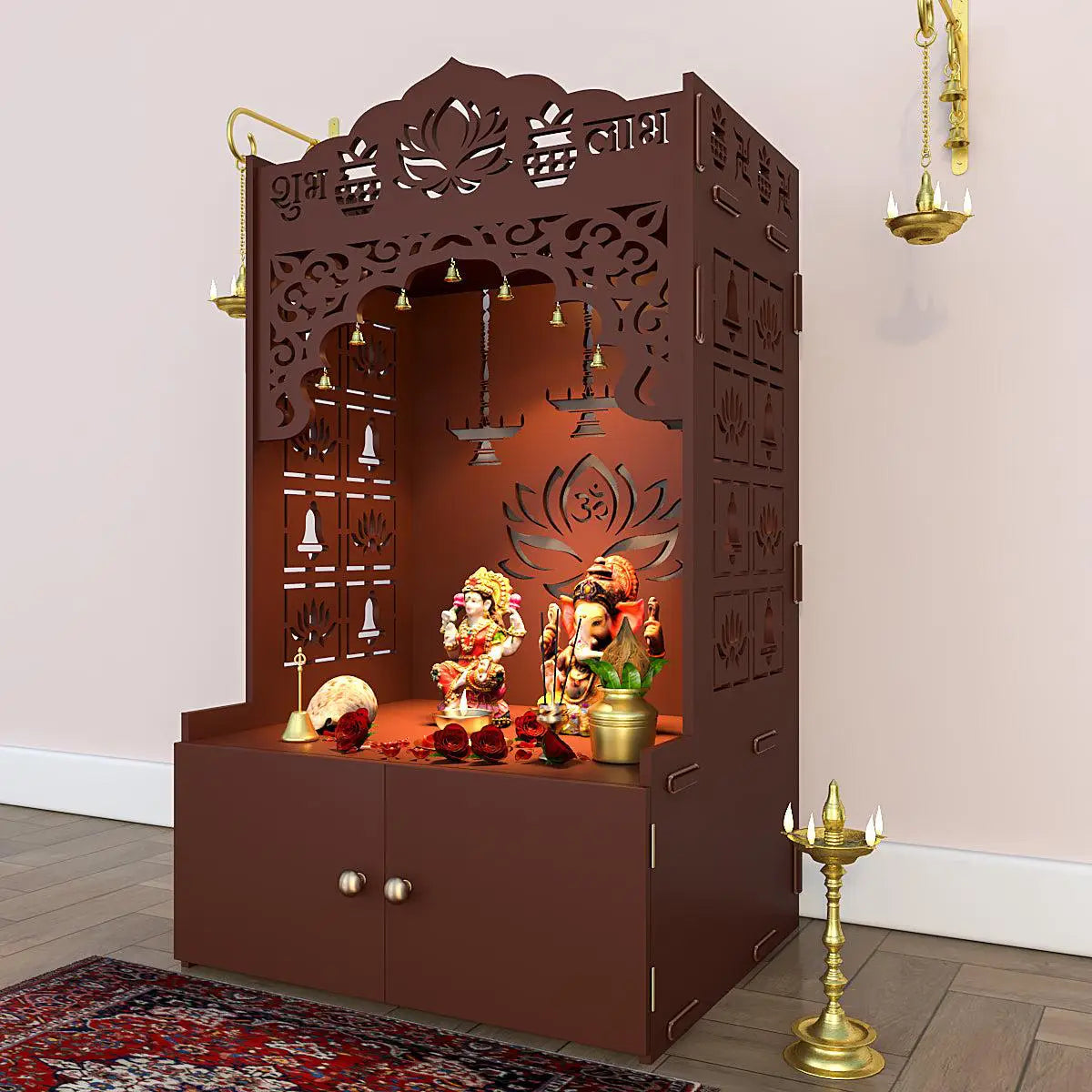 Lotus Tranquility Brown Finish Wooden Temple for Home with Inbuilt Focus Lights & Spacious Shelf