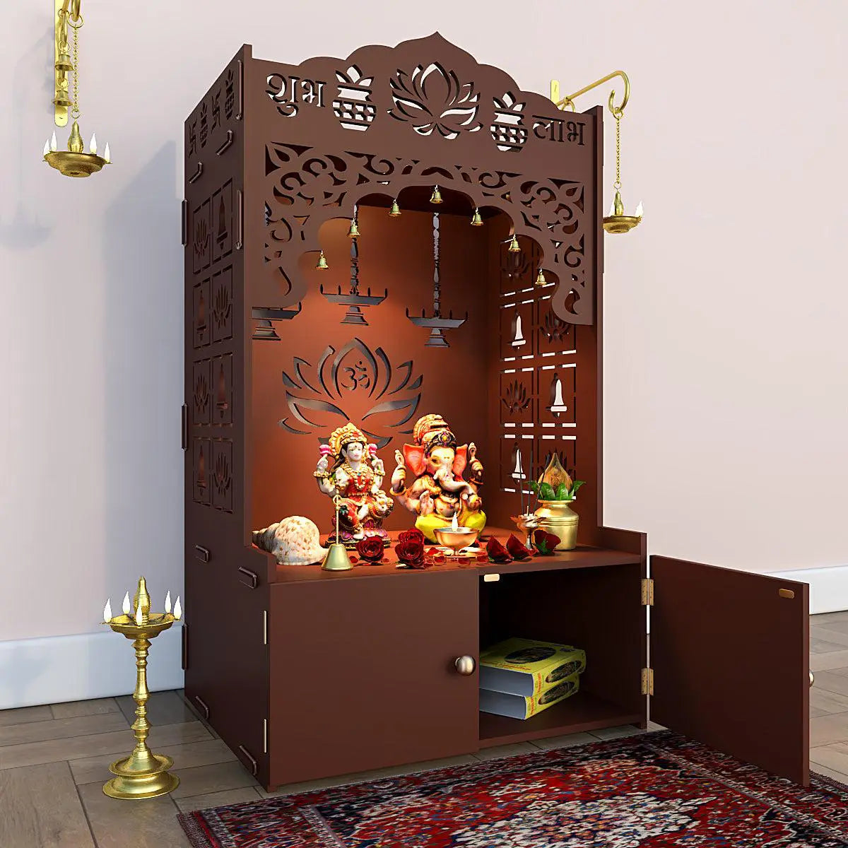 Lotus Tranquility Brown Finish Wooden Temple for Home with Inbuilt Focus Lights & Spacious Shelf