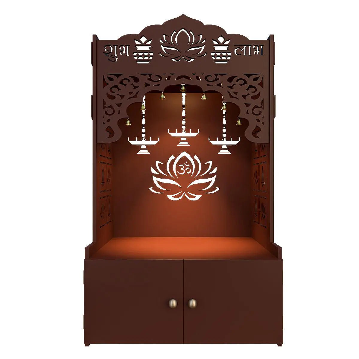 Lotus Tranquility Brown Finish Wooden Temple for Home with Inbuilt Focus Lights & Spacious Shelf