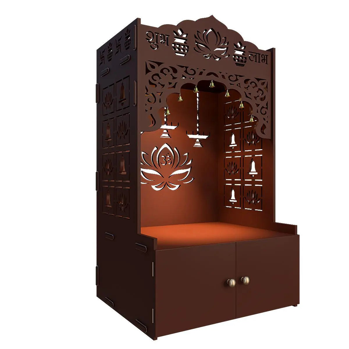 Lotus Tranquility Brown Finish Wooden Temple for Home with Inbuilt Focus Lights & Spacious Shelf