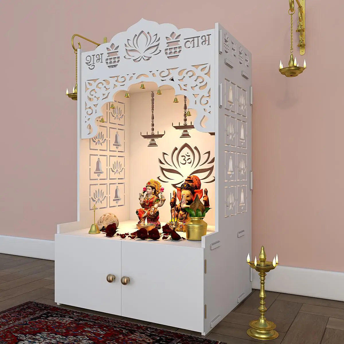 Lotus Tranquility White Finish Wooden Temple for Home with Inbuilt Focus Light