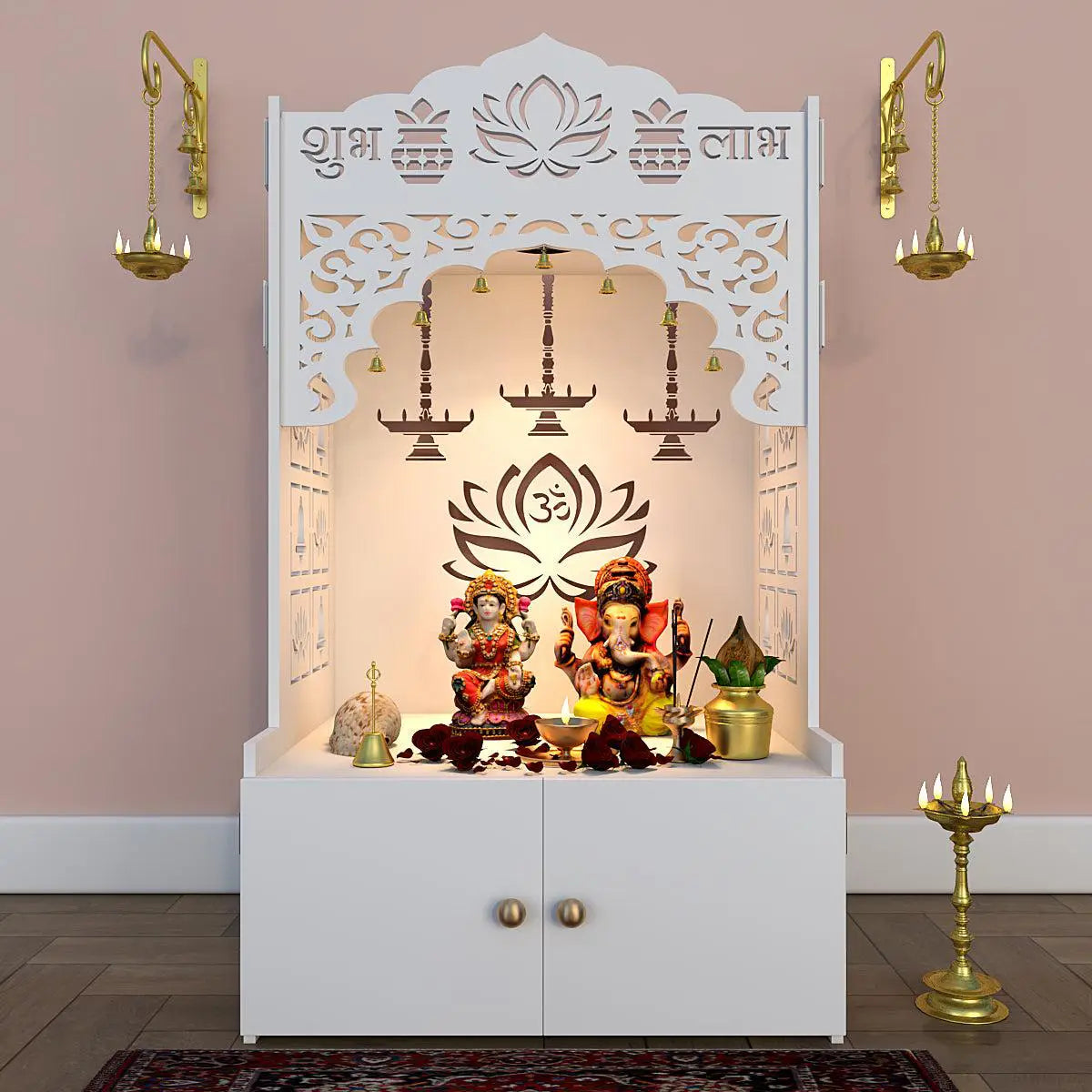 Lotus Tranquility White Finish Wooden Temple for Home with Inbuilt Focus Light
