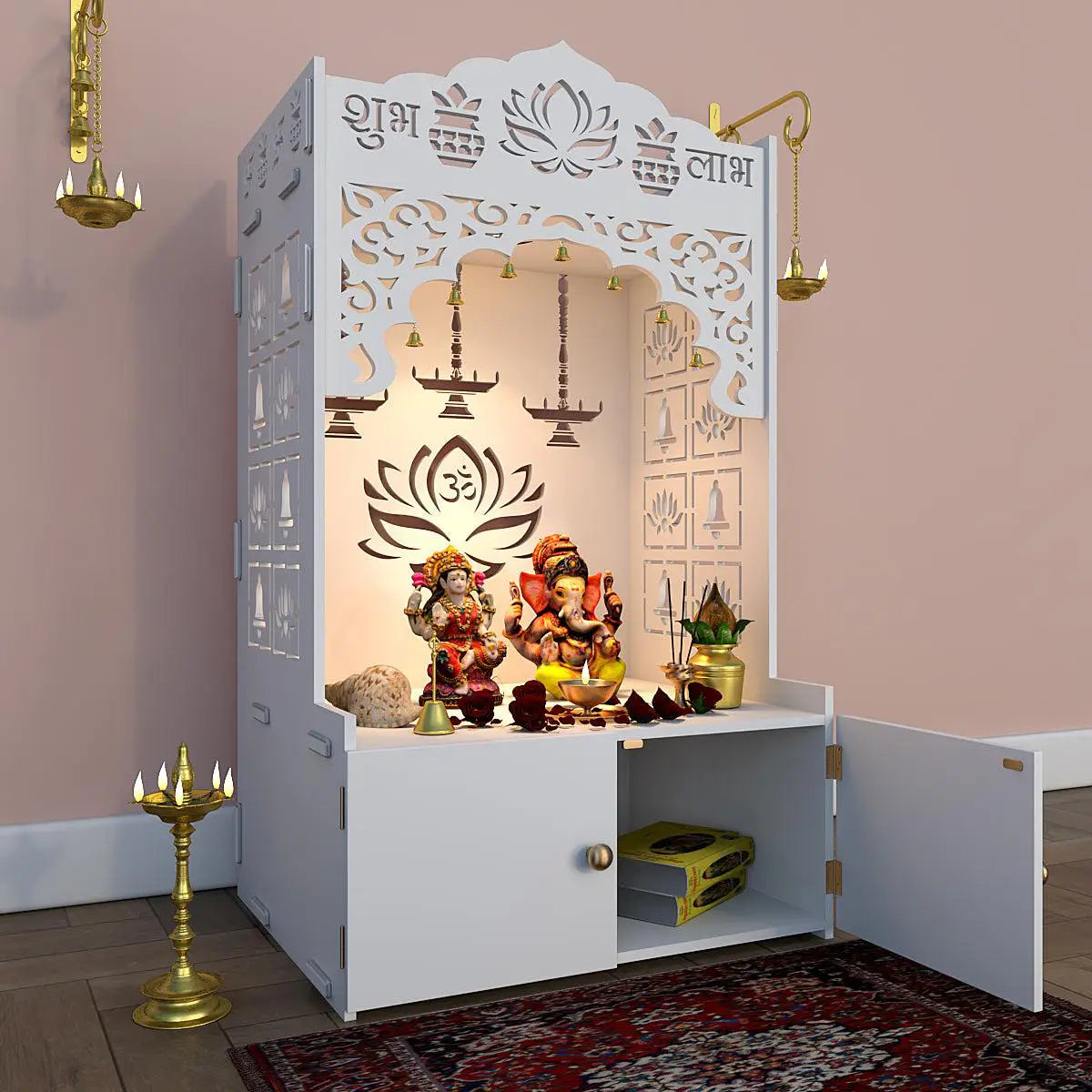 Lotus Tranquility White Finish Wooden Temple for Home with Inbuilt Focus Light