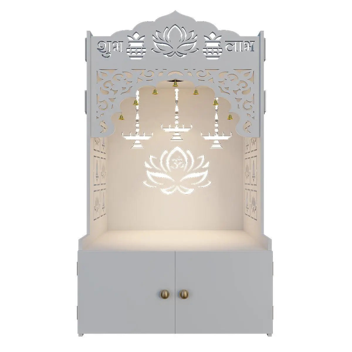 Lotus Tranquility White Finish Wooden Temple for Home with Inbuilt Focus Light